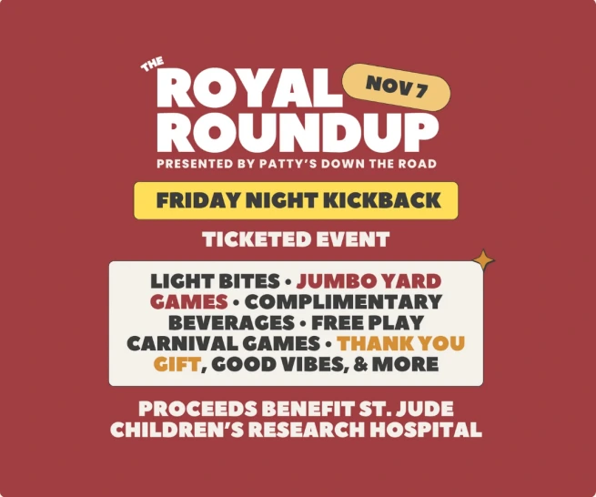 Archived 2025 Friday Night Kickback poster: November 7 at Patty’s, a ticketed event advertising light bites, yard games, beverages, carnival games, and proceeds benefiting St. Jude Children’s Research Hospital.